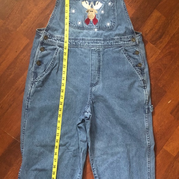 Christmas Jean Overalls Reindeer overalls blue denim cut offs Ladies medium - Picture 10 of 15